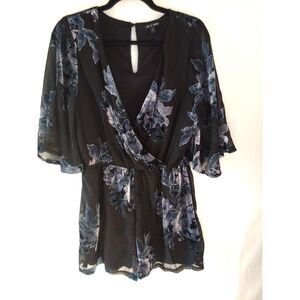 AS You Wish Black & Blue Floral Velvet Mesh Romper Short Sleeve Women Size M